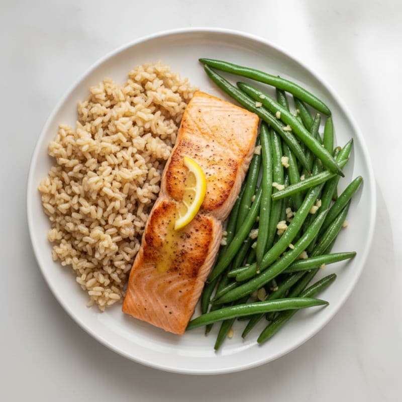 Seared Salmon with Garlic Green Beans and Brown Rice