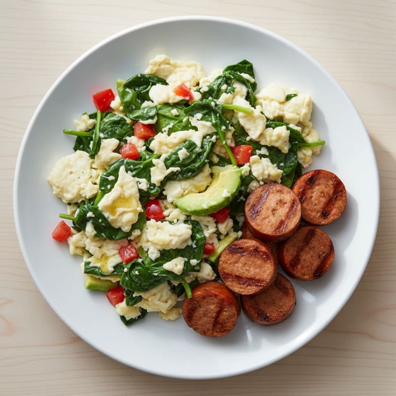 Egg White Spinach Scramble with Grilled Turkey Sausage