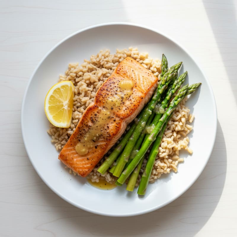 Seared Salmon Fillet with Steamed Asparagus and Brown Rice