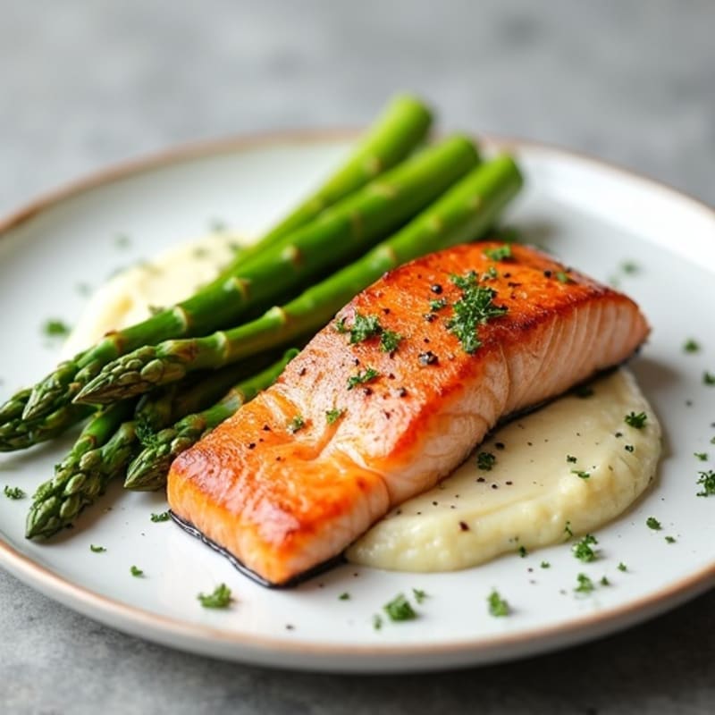 Seared Salmon Fillet with Steamed Asparagus and Cauliflower Mash