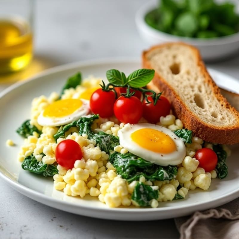 Egg White and Spinach Scramble with Cottage Cheese and Cherry Tomatoes