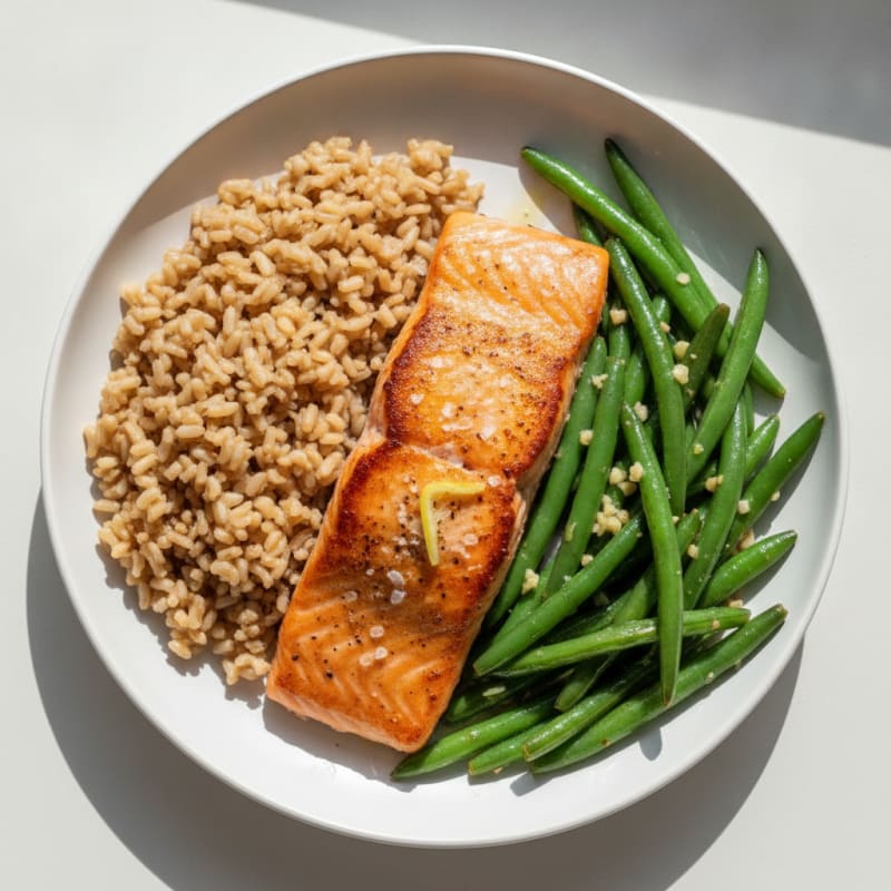 Seared Salmon Fillet with Garlic Green Beans and Brown Rice