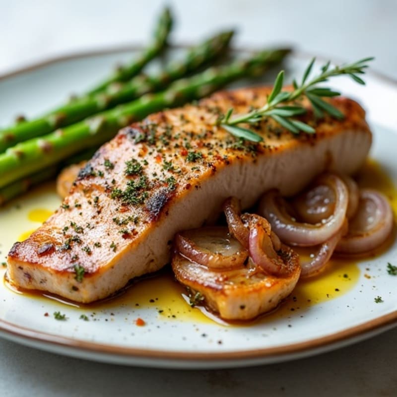 Herb-Crusted Pork Tenderloin with Crispy Roasted Onions and Asparagus