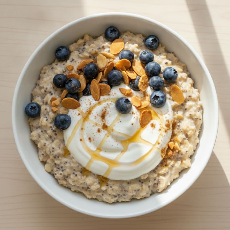 Blueberry-Almond Oatmeal with Greek Yogurt Swirl