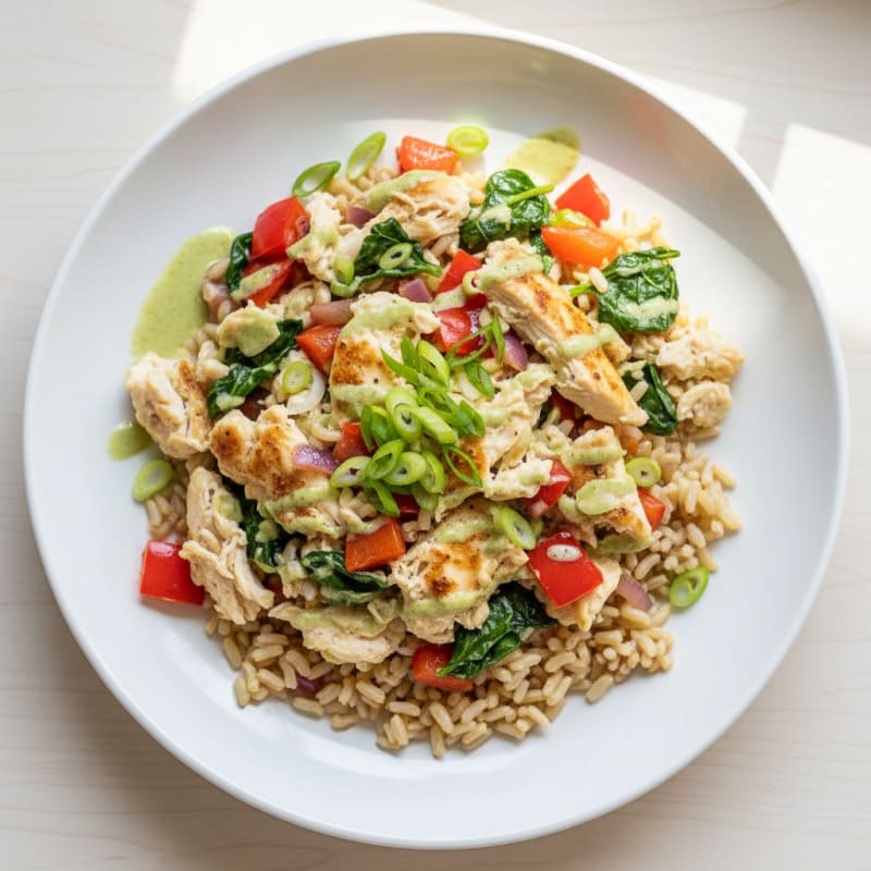 Egg White and Chicken Veggie Scramble with Brown Rice