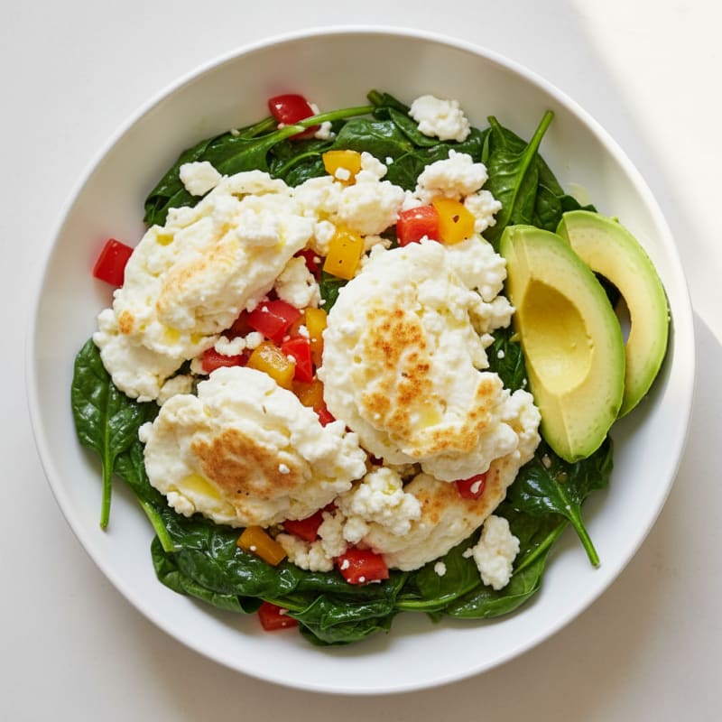 Egg White Veggie Scramble with Cottage Cheese and Sautéed Spinach