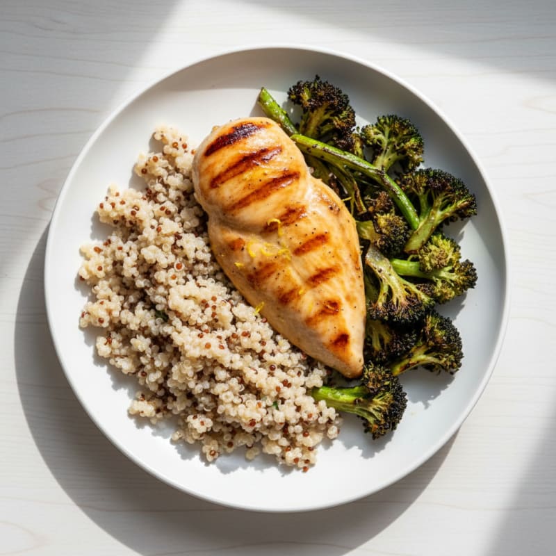 Grilled Lemon-Garlic Chicken Breast with Quinoa and Roasted Broccoli