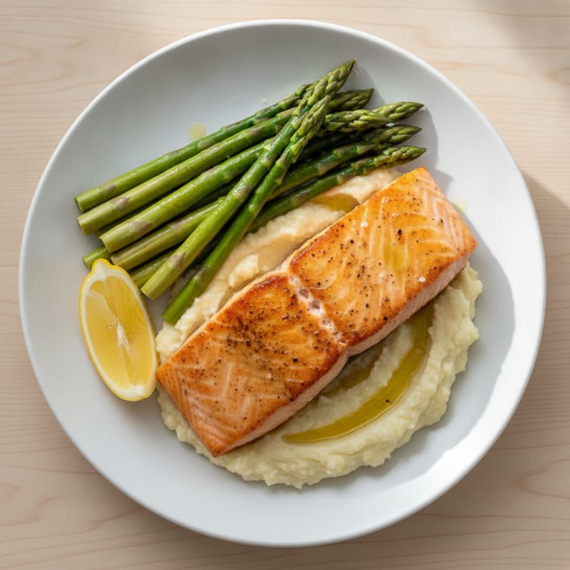 Seared Salmon with Steamed Asparagus and Garlic Cauliflower Mash