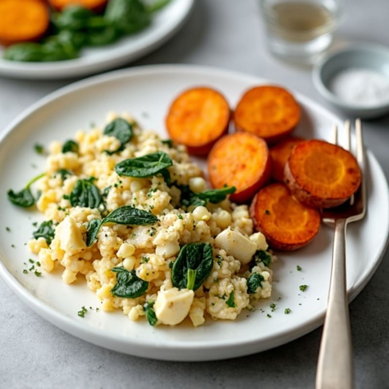 Egg White and Turkey Spinach Scramble with Roasted Sweet Potatoes