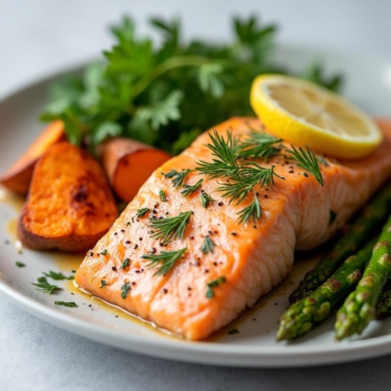 Flaky Herb-Baked Salmon with Roasted Asparagus and Sweet Potatoes
