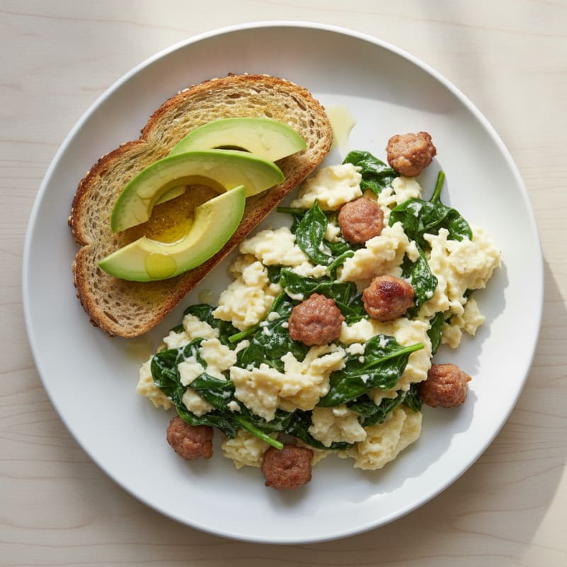 Egg White Spinach Scramble with Turkey Sausage