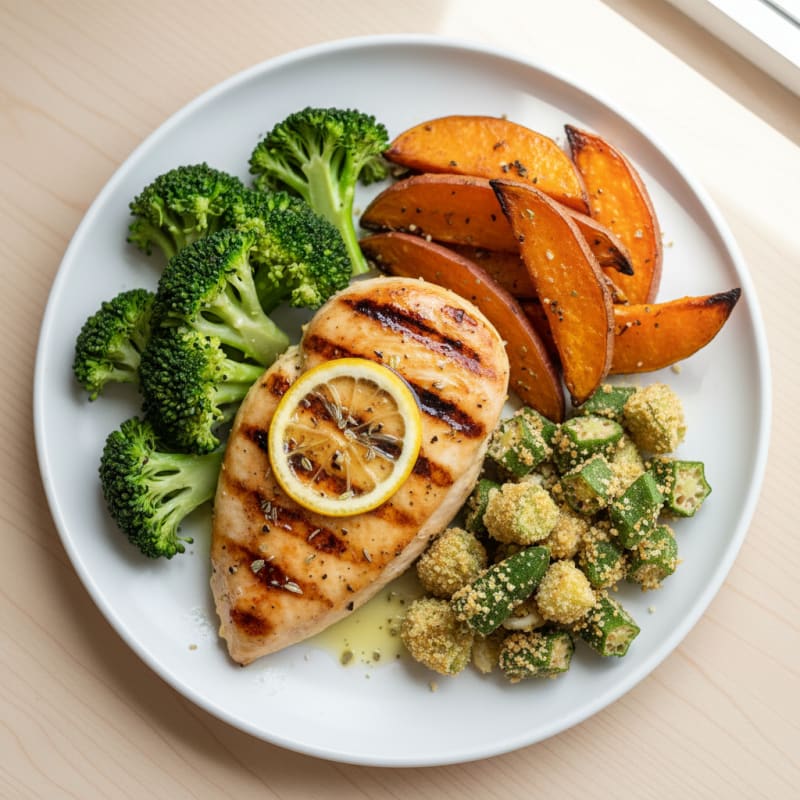 Grilled Chicken Breast with Roasted Sweet Potato and Steamed Broccoli