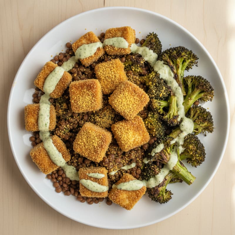 Crispy Tofu and Lentil Power Bowl with Roasted Broccoli