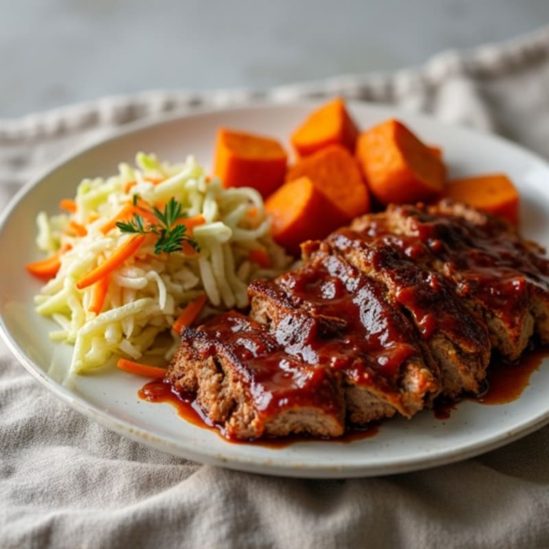 Slow Cooker BBQ Pulled Pork with Roasted Sweet Potatoes and Crunchy Slaw
