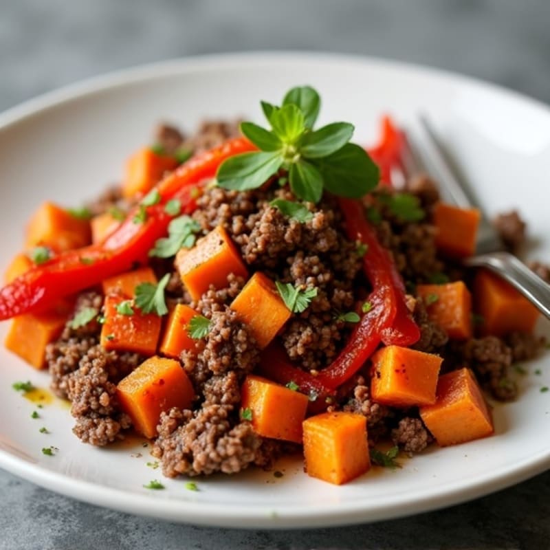 Hearty Lean Ground Beef and Roasted Sweet Potato Hash