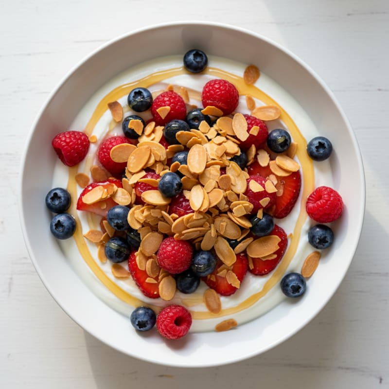 Greek Yogurt Bowl with Mixed Berries and Crunchy Almonds