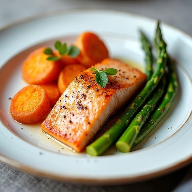 Seared Salmon with Roasted Sweet Potato and Asparagus