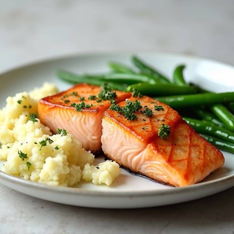 Seared Salmon with Steamed Green Beans and Garlic Mashed Cauliflower