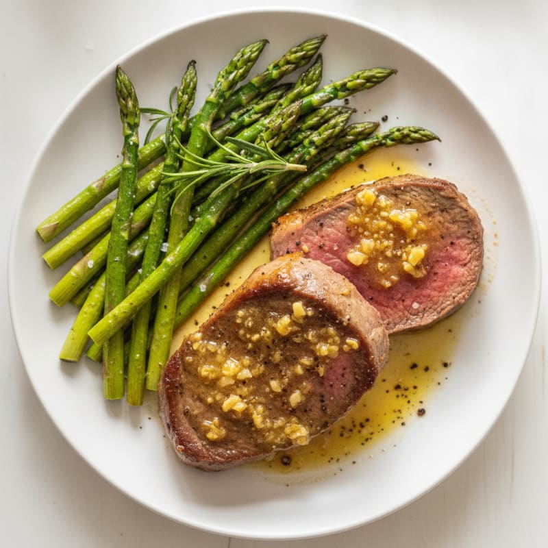 Pan-Seared Sirloin with Garlic Ghee and Asparagus