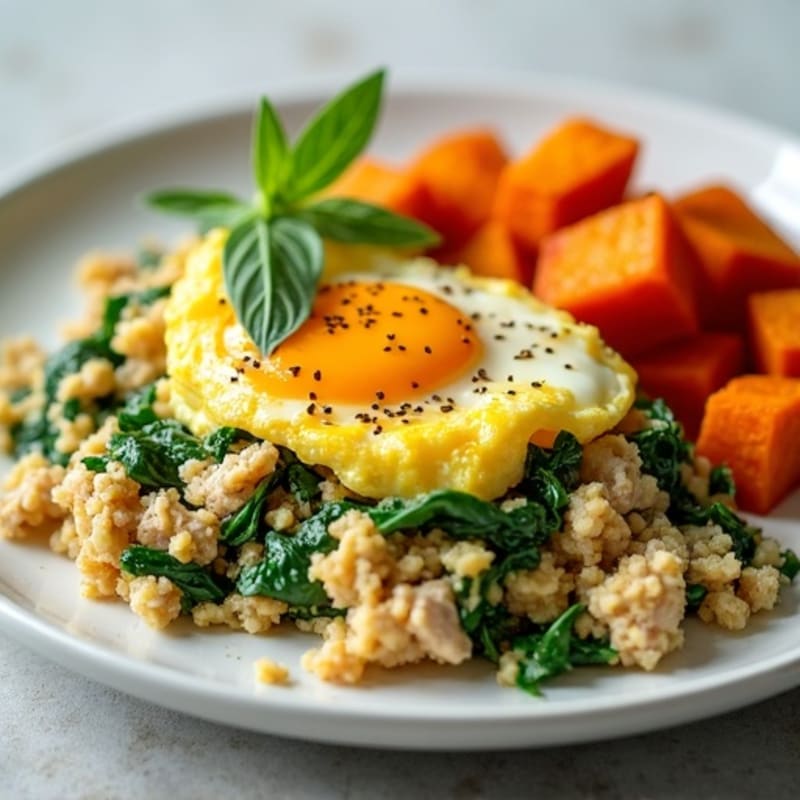 Turkey and Spinach Egg White Scramble with Roasted Sweet Potato