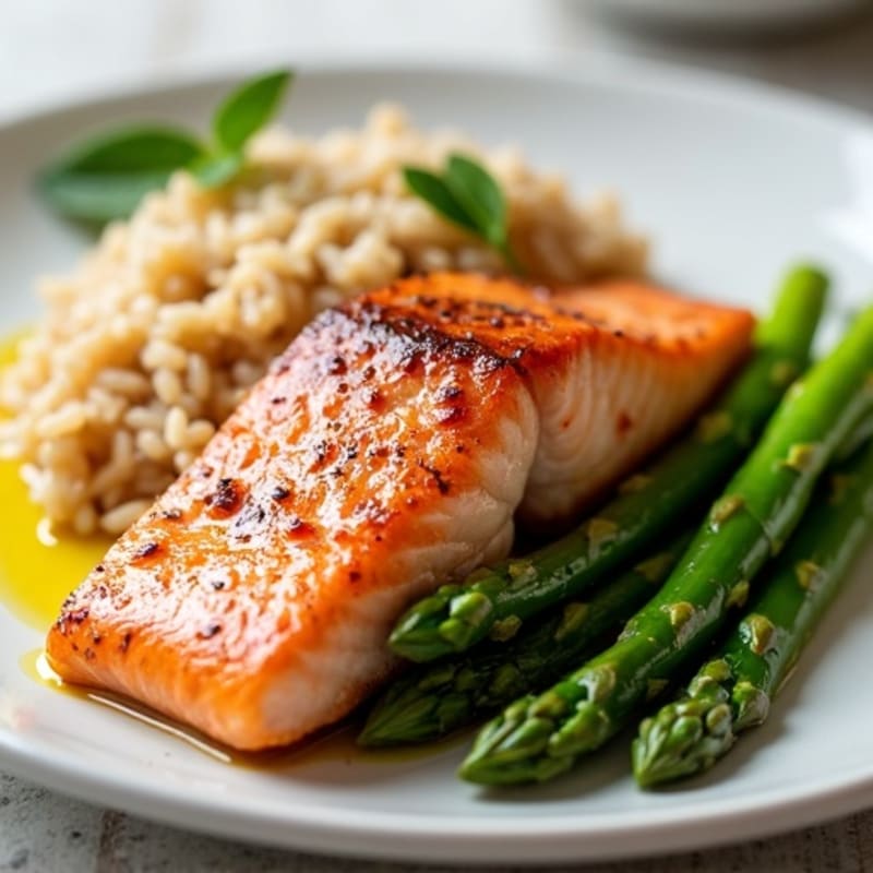 Seared Salmon Fillet with Steamed Asparagus and Brown Rice