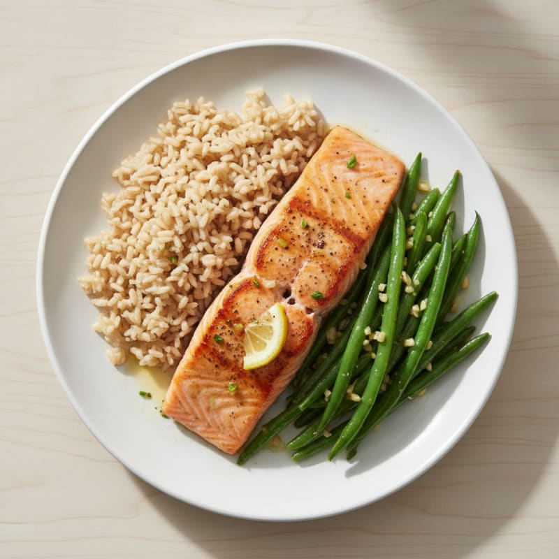 Seared Salmon Fillet with Garlic Green Beans and Brown Rice