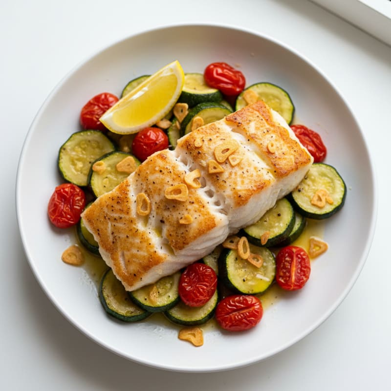 Seared Cod with Roasted Zucchini and Tomato