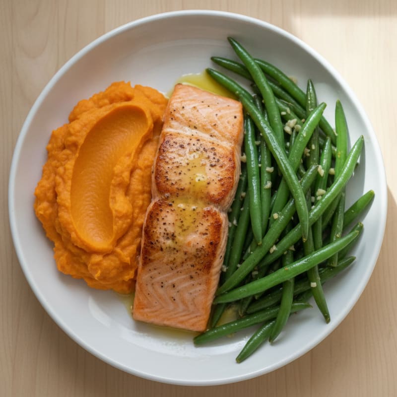 Seared Salmon with Garlic Green Beans and Sweet Potato Mash