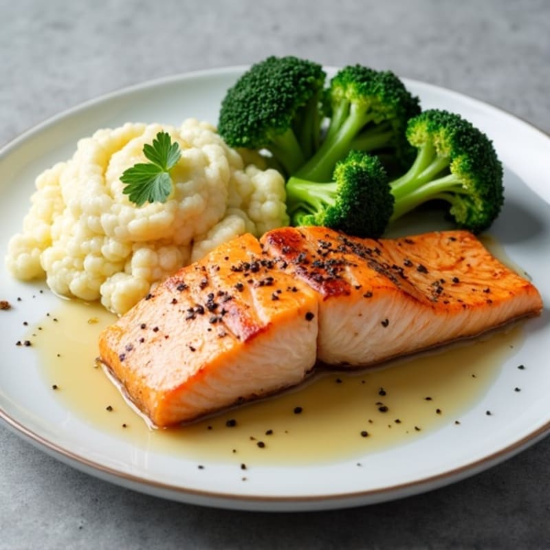 Seared Salmon Fillet with Steamed Broccoli and Garlic Cauliflower Mash