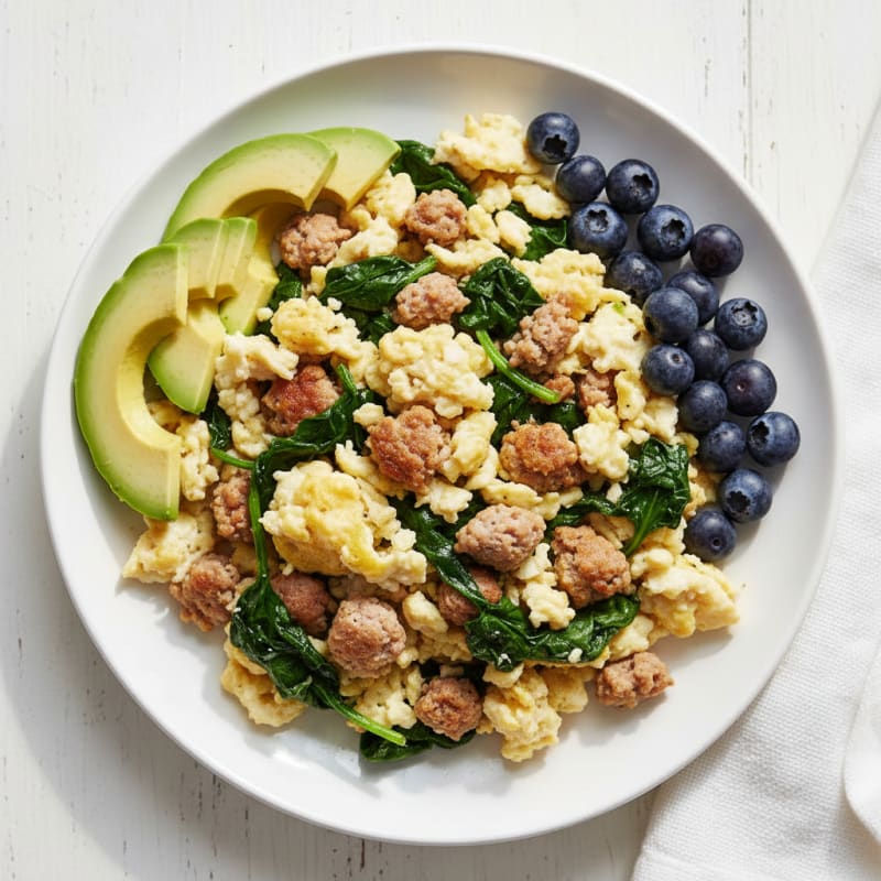 Egg White Scramble with Turkey Sausage and Sautéed Spinach