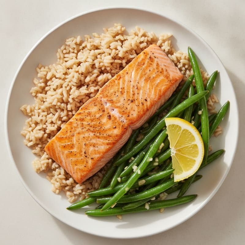 Seared Salmon with Garlic Green Beans and Brown Rice