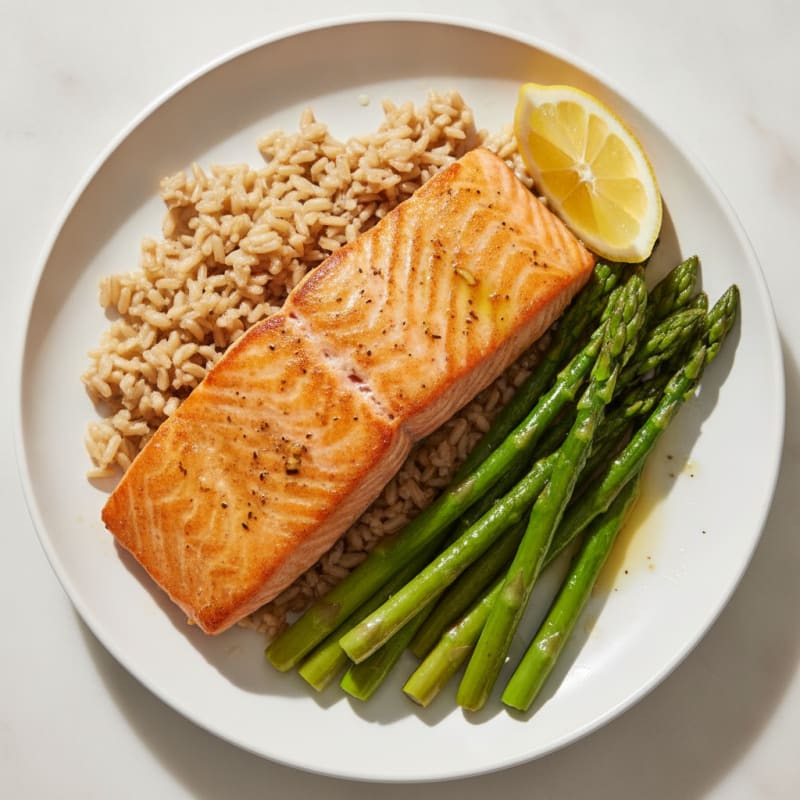 Seared Salmon with Steamed Asparagus and Brown Rice