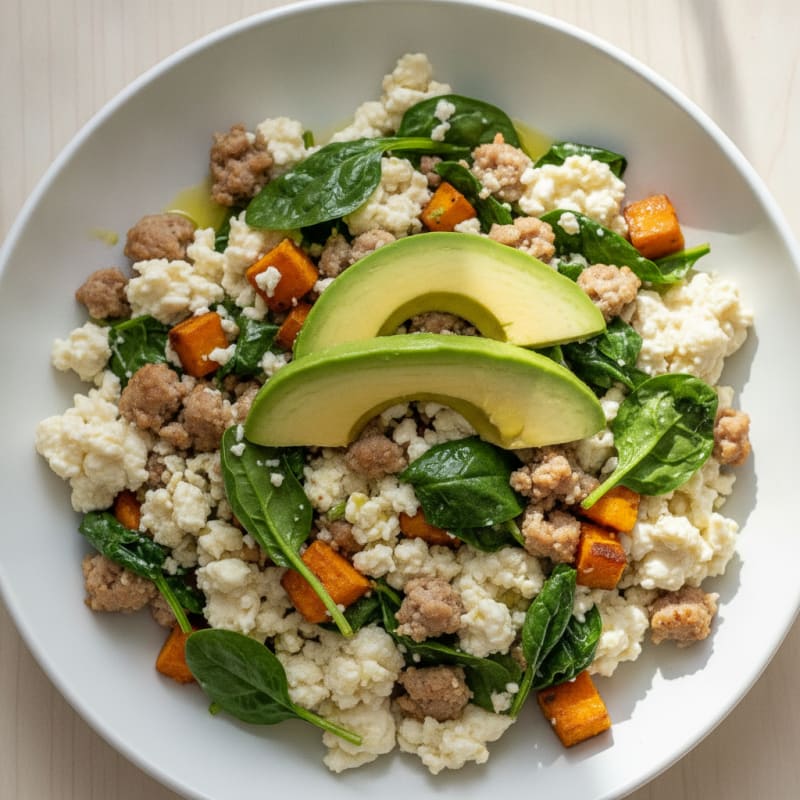 Egg White and Turkey Sausage Scramble with Baby Spinach