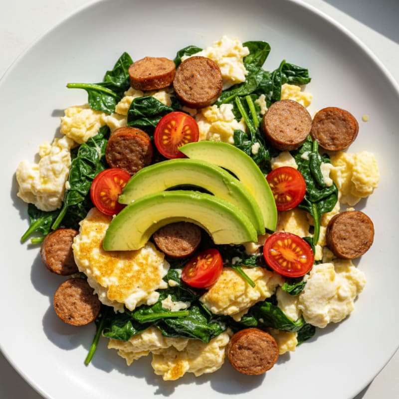 Egg White Spinach Scramble with Turkey Sausage