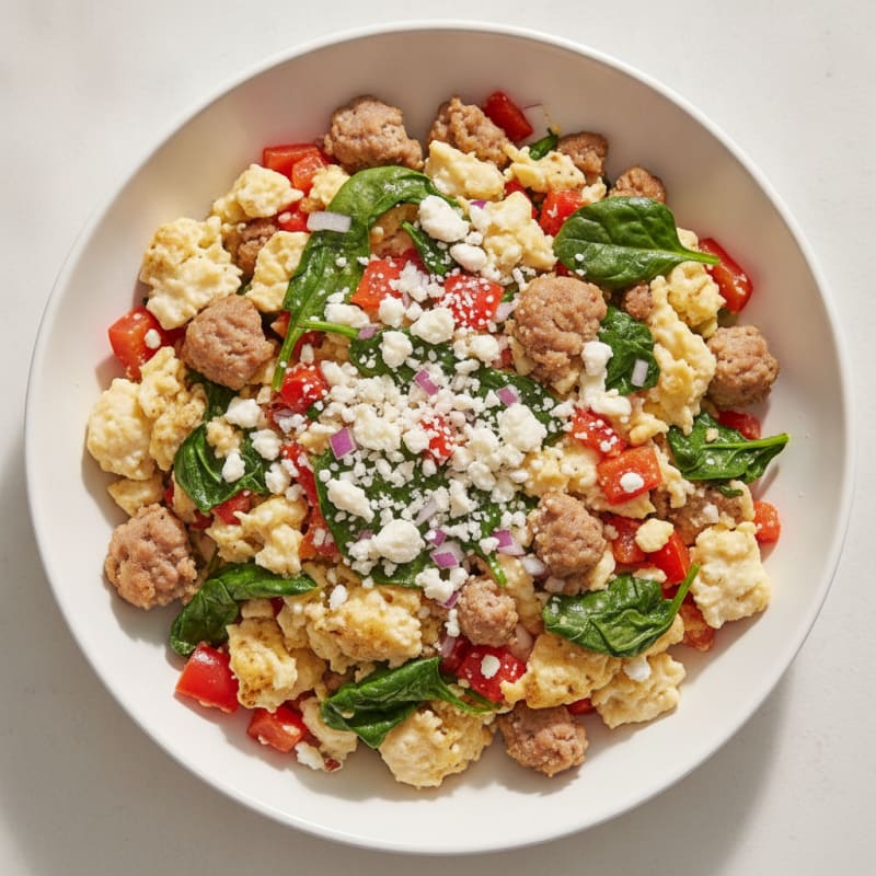 Egg White and Turkey Sausage Scramble with Spinach and Bell Peppers