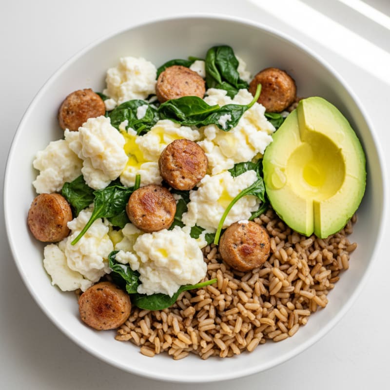 Egg White and Chicken Sausage Scramble with Spinach and Brown Rice