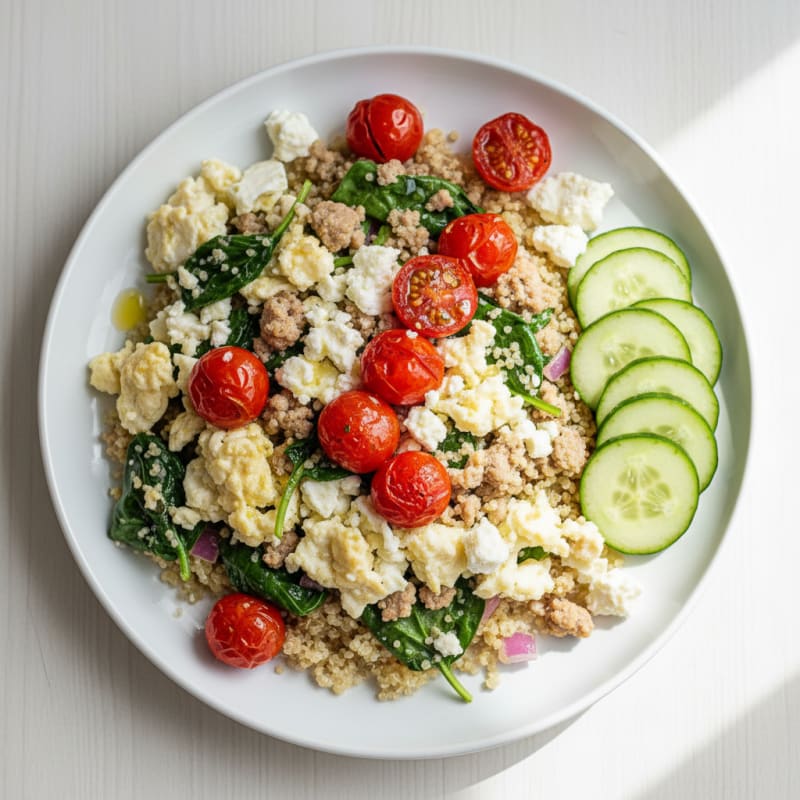 Egg White Veggie Scramble with Sautéed Spinach and Roasted Tomatoes