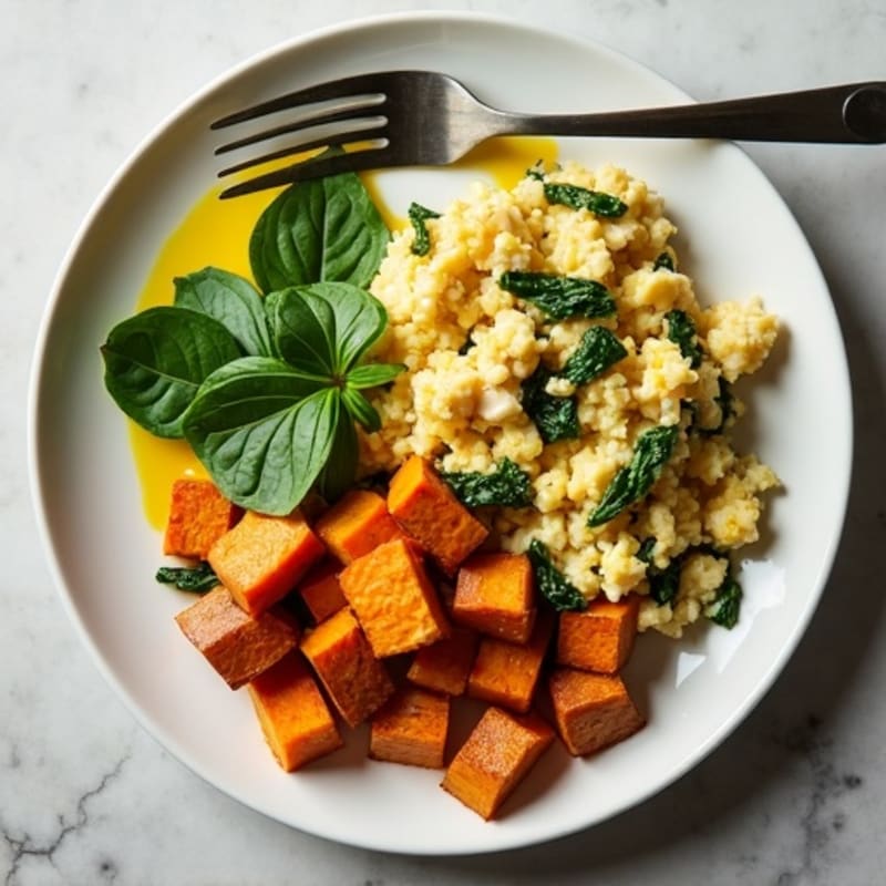 Chicken and Spinach Egg White Scramble with Roasted Sweet Potatoes