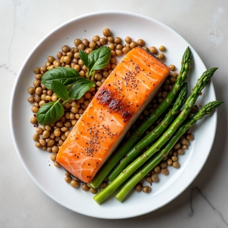 Seared Salmon Fillet with Steamed Asparagus and Lentil Salad