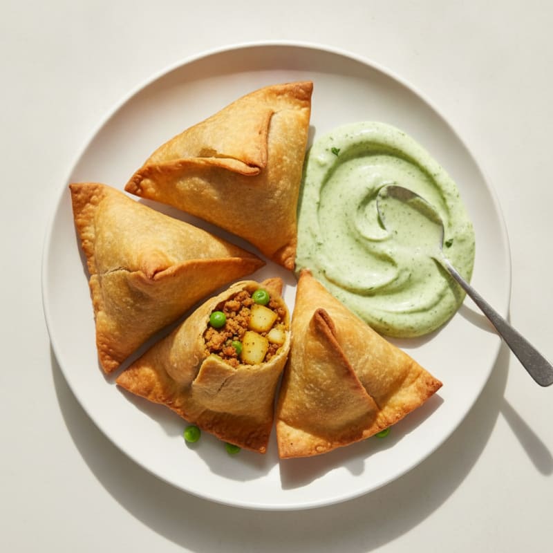 Curried Potato and Pea Samosas with Protein Chutney