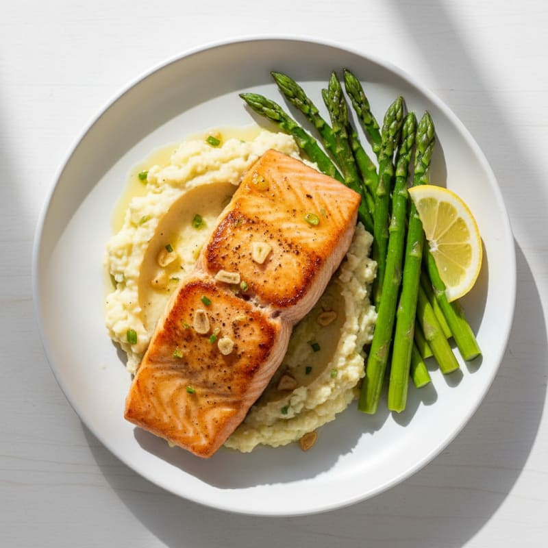 Seared Salmon with Steamed Asparagus and Garlic Cauliflower Mash