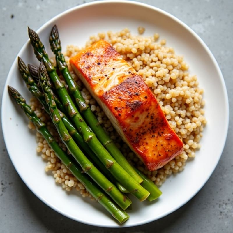 Crispy Pan-Seared Salmon with Roasted Asparagus and Quinoa