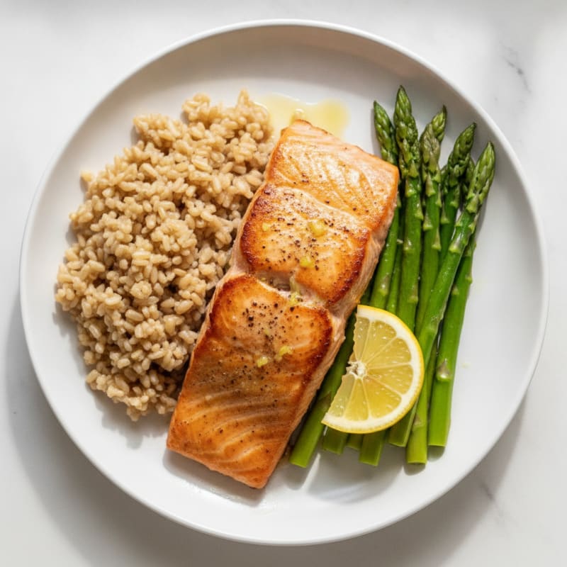 Seared Salmon with Steamed Asparagus and Brown Rice