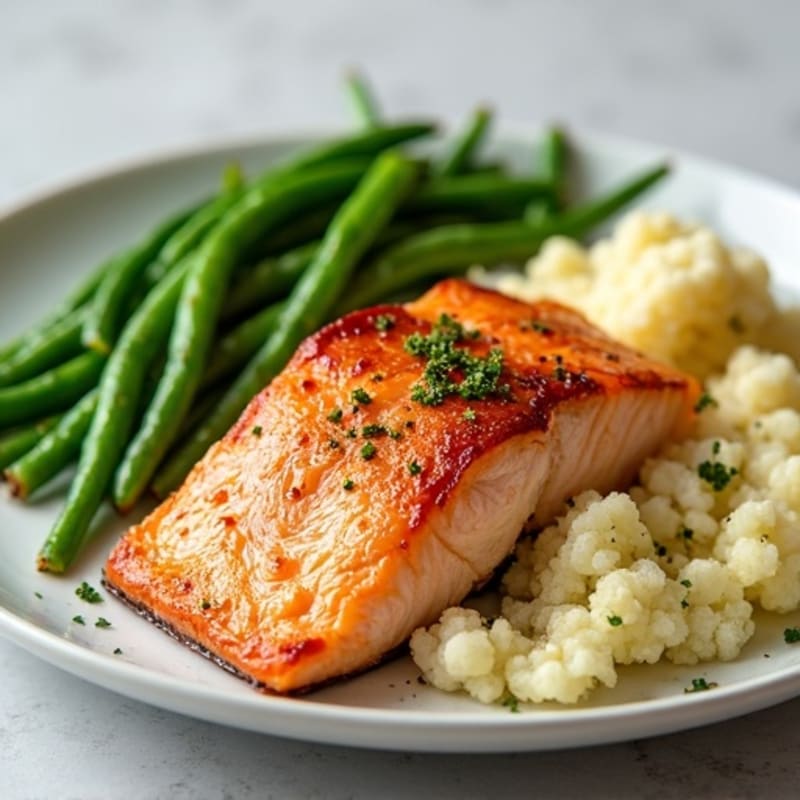 Seared Salmon with Steamed Green Beans and Garlic Mashed Cauliflower