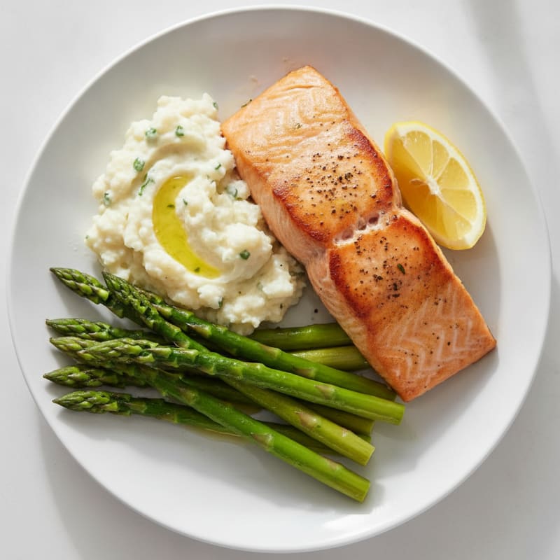 Seared Salmon Fillet with Steamed Asparagus and Garlic Mashed Cauliflower