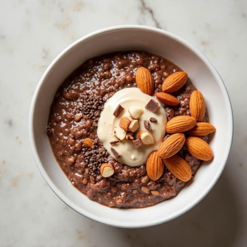 Creamy Dark Chocolate Almond Overnight Oats with Vanilla Protein Swirl