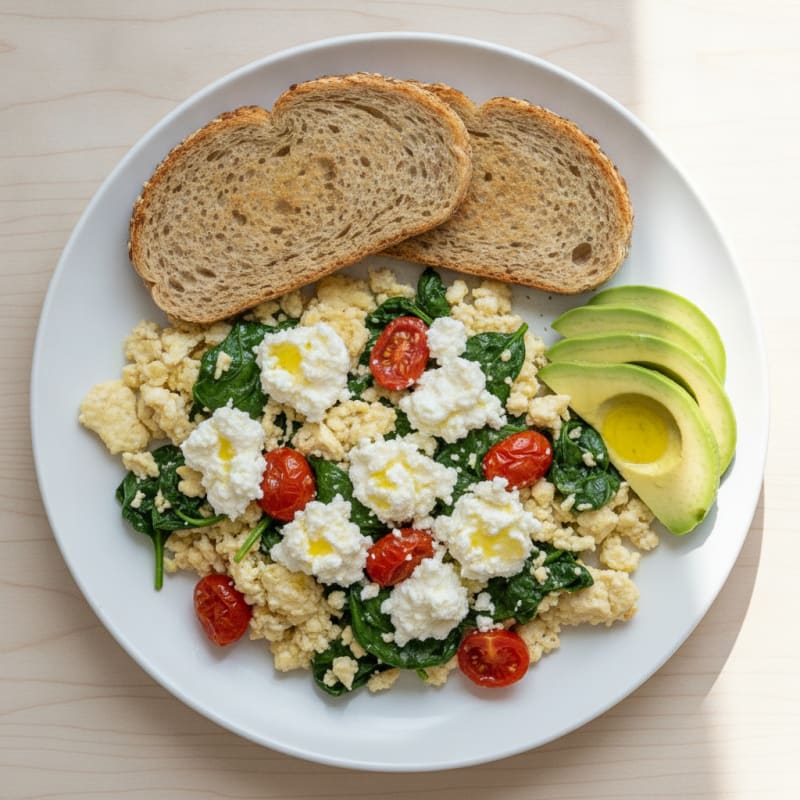 Egg White and Spinach Scramble with Cottage Cheese and Cherry Tomatoes