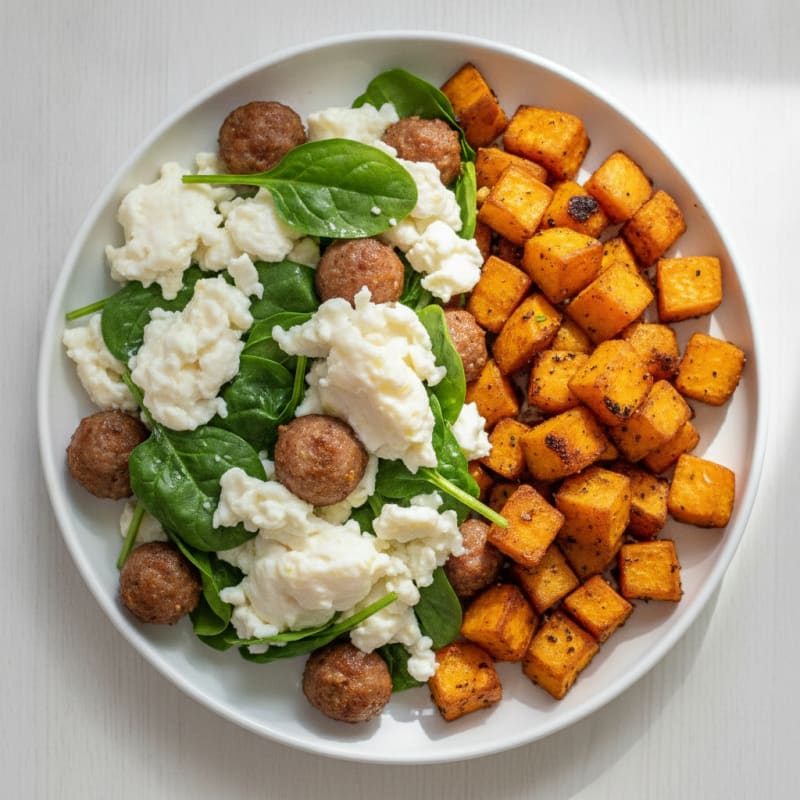 Egg White Spinach Scramble with Turkey Sausage and Roasted Sweet Potatoes