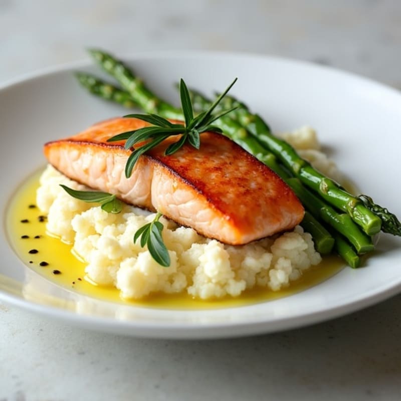 Seared Salmon with Steamed Asparagus and Garlic Cauliflower Mash