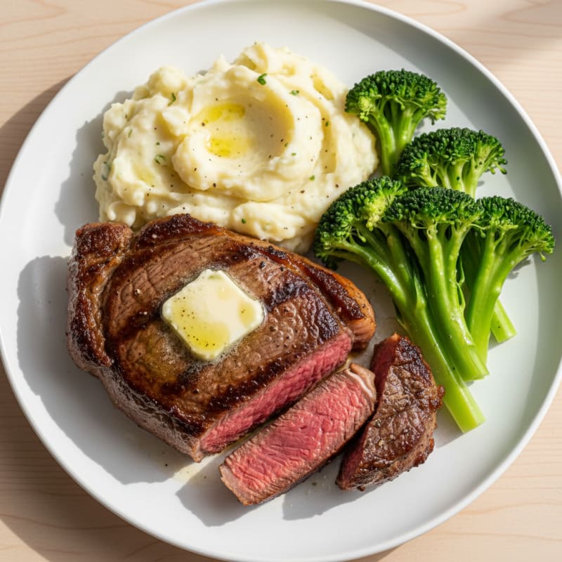 Pan-Seared Beef Steak with Garlic Mashed Potatoes and Steamed Broccoli